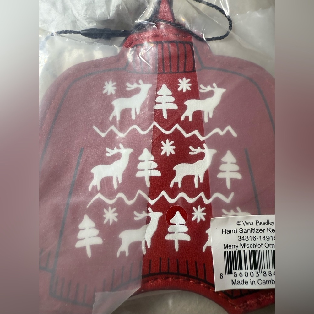 Vera Bradley Hand Sanitizer Holder "Merry Mischief Ornaments" Red Keychain NWT - Picture 4 of 6